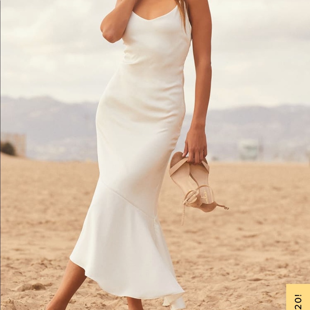 Lulus White Satin Tiered Midi Dress